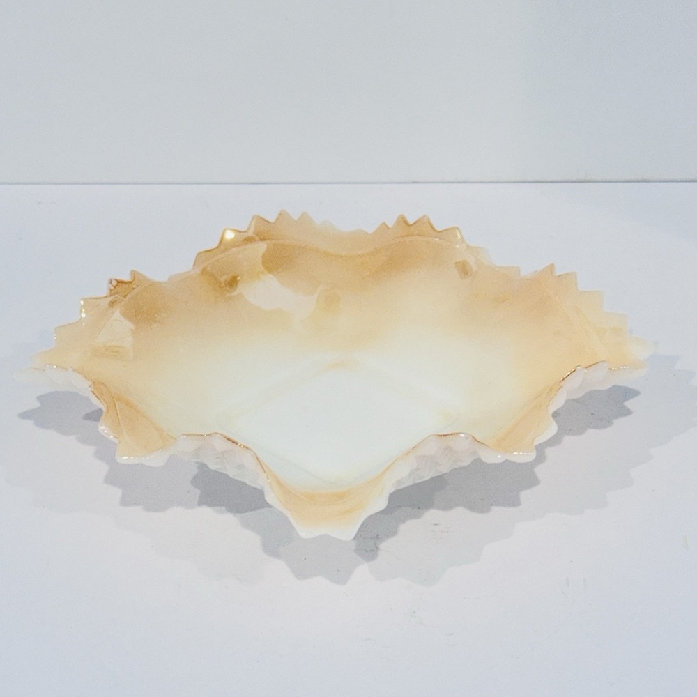 Vintage Fenton Peach Crest‎ Hobnail Milk Glass Square Dish Ruffle Sawtooth Edge